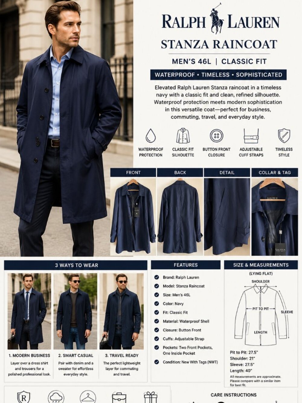 Ralph Lauren Stanza Raincoat Mens 46L Navy Waterproof Trench Coat Classic